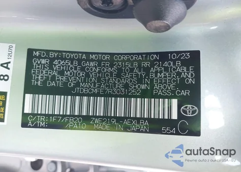 2024 Toyota Corolla Hybrid Le z USA, uszkodzony, nr VIN JTDBCMFE7R3031252